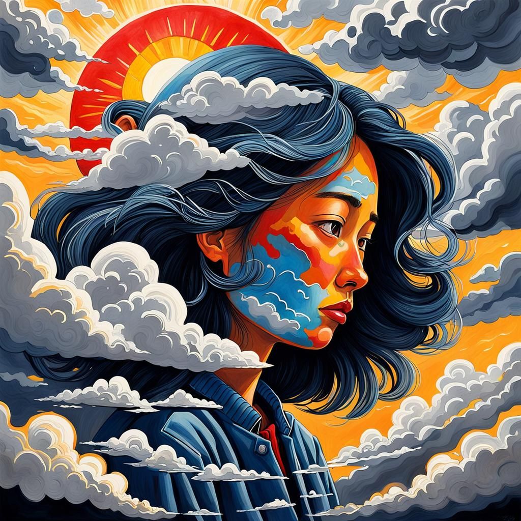 Gouache Painting: Sun Behind Clouds, Hopeful Scene