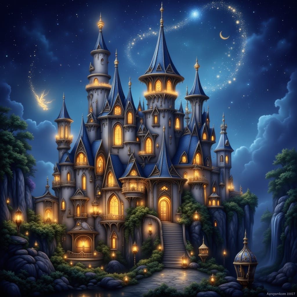 Tinker Bell Glides Over Magical Castle at Night