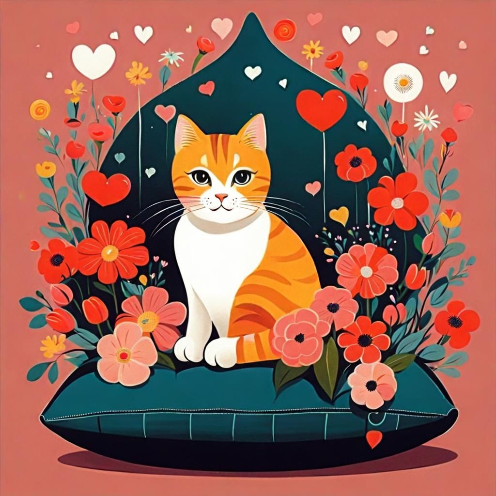 Charming Feline Surrounded by Flowers, Vintage Poster Art