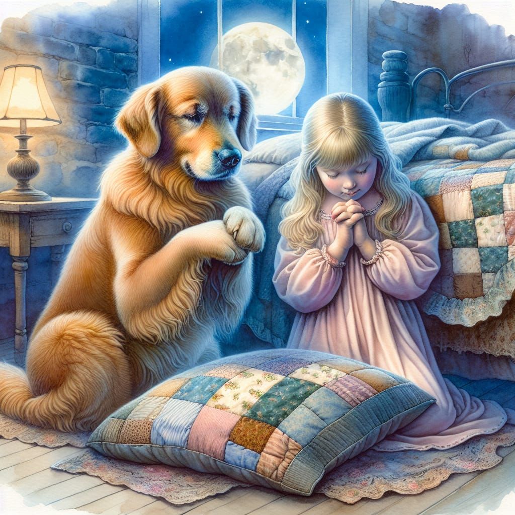 Heartwarming Watercolor: Girl and Dog Praying