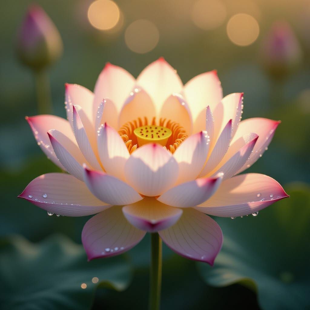 Ethereal Lotus Flower Woven from Glowing Spider Silk at Dawn