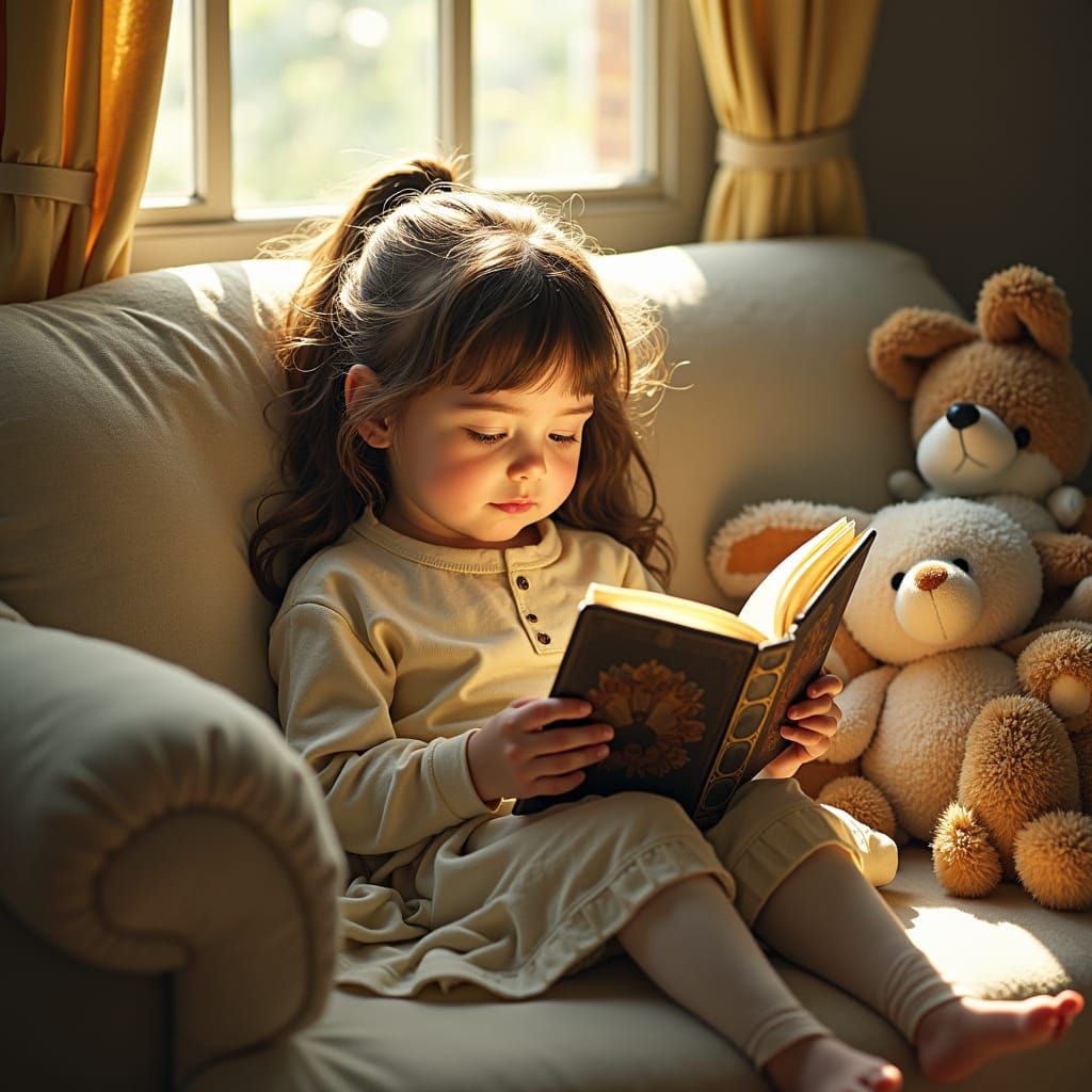 Girl Reading E-reader in Whimsical Illustration Style