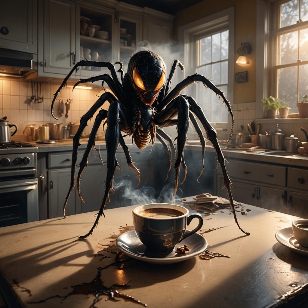 Venom Spider at Coffee in Dark Fantasy Style