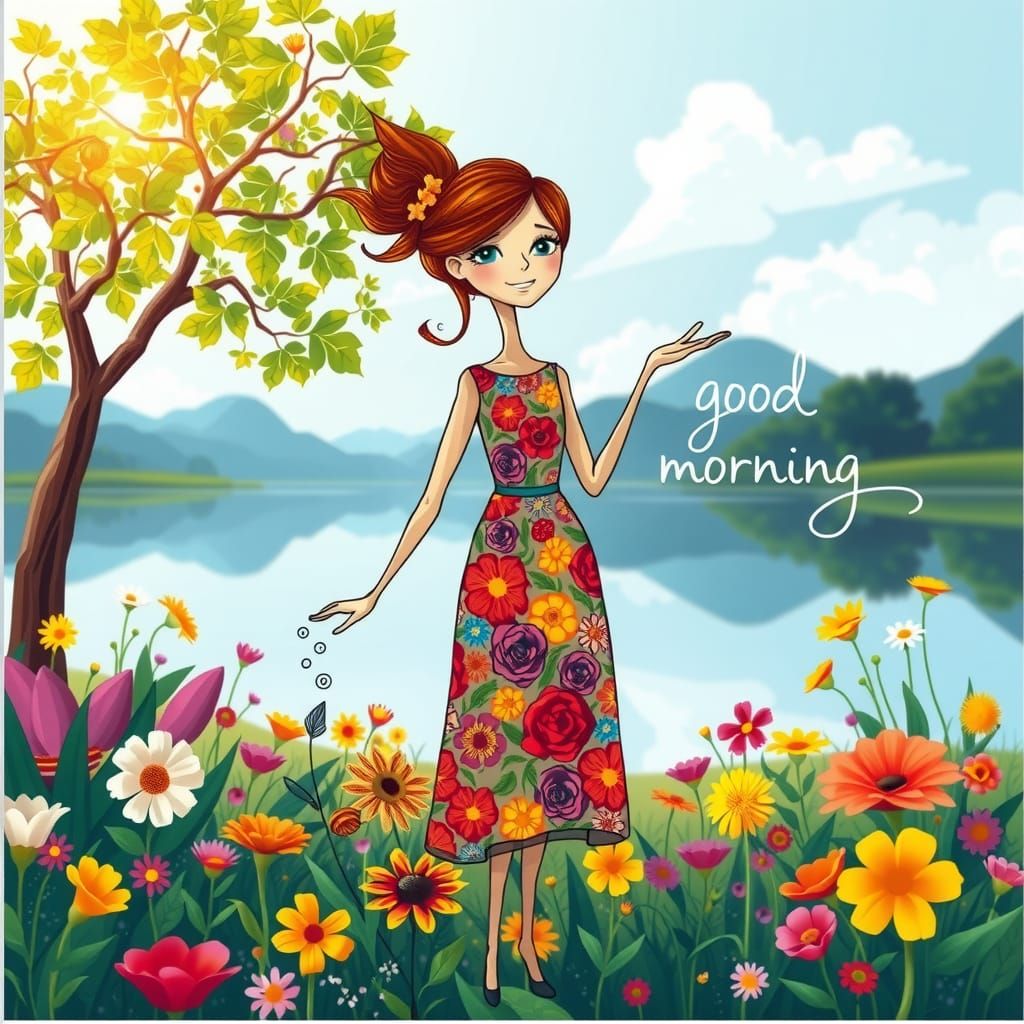 Whimsical Stick Lady Greets the Morning