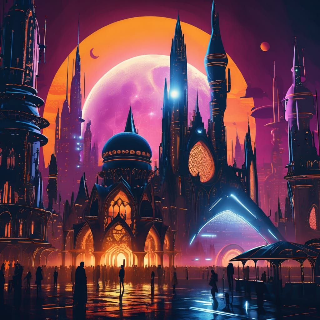 Cyberpunk City with Gothic Moonbase in Victorian Style