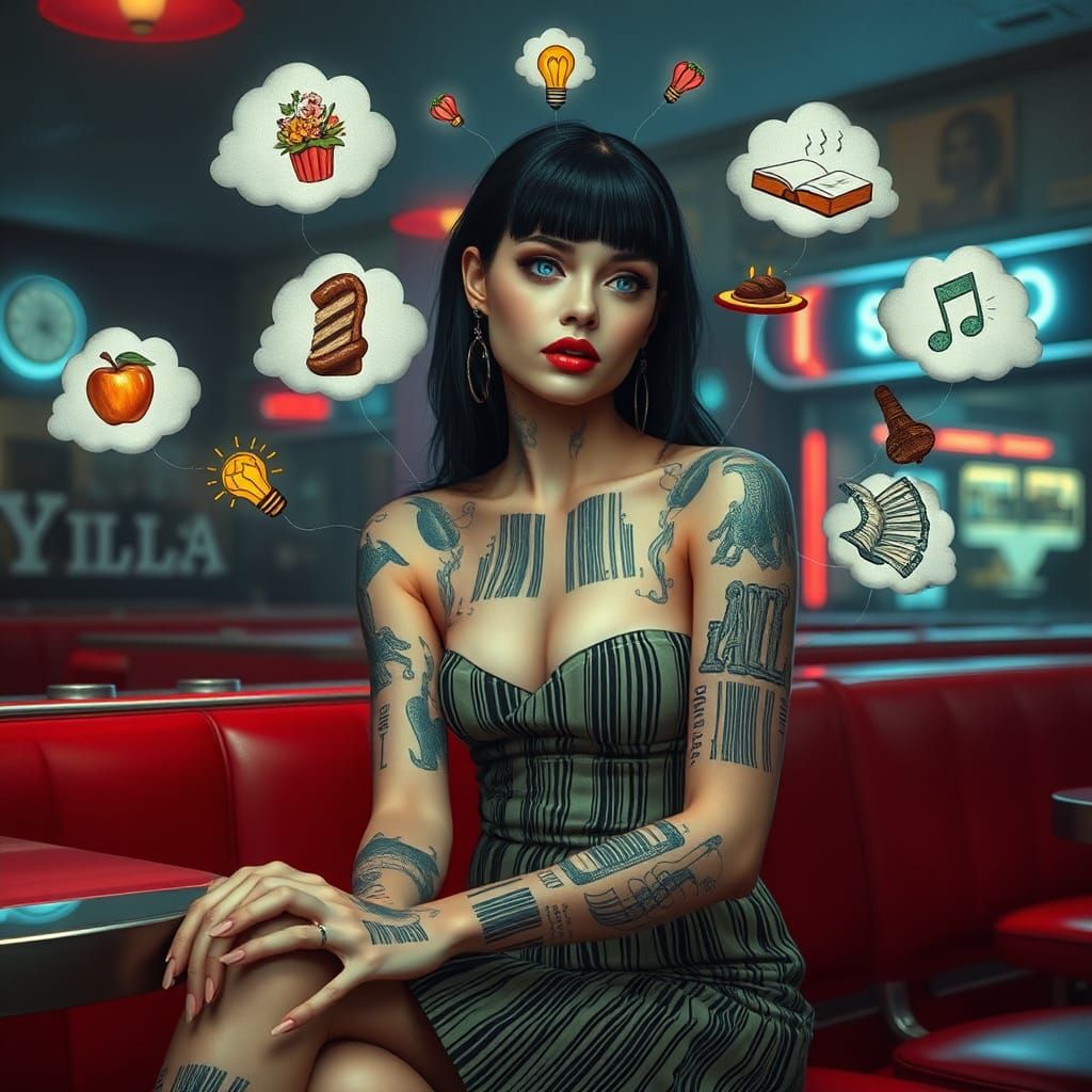 Mystical Barcode Woman in Retro Diner, Surreal Art