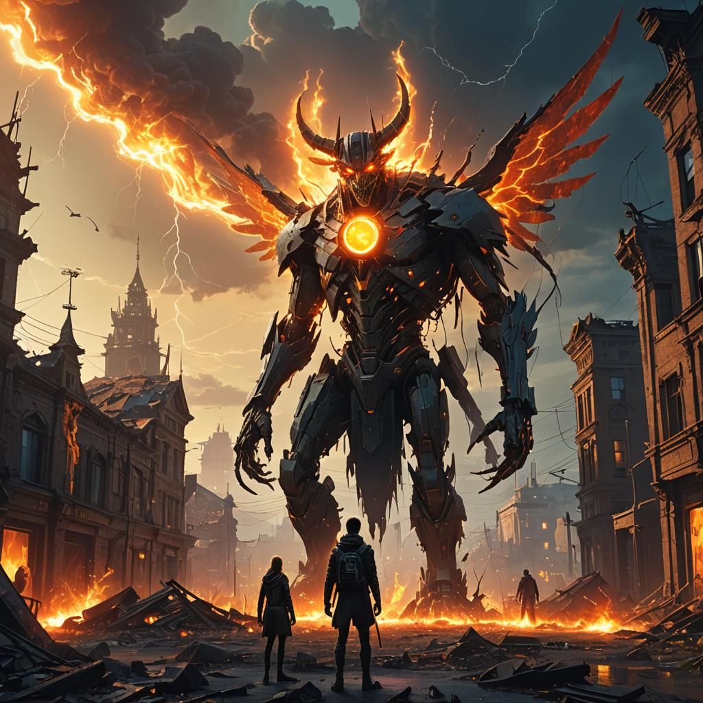 Demon, Seraph, and Solar Flare Titan in Ruined City