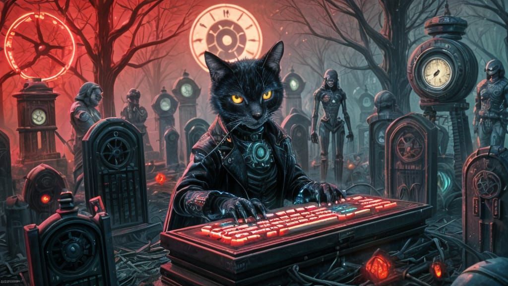 Gothic Cyberpunk Cat in Clockwork Graveyard