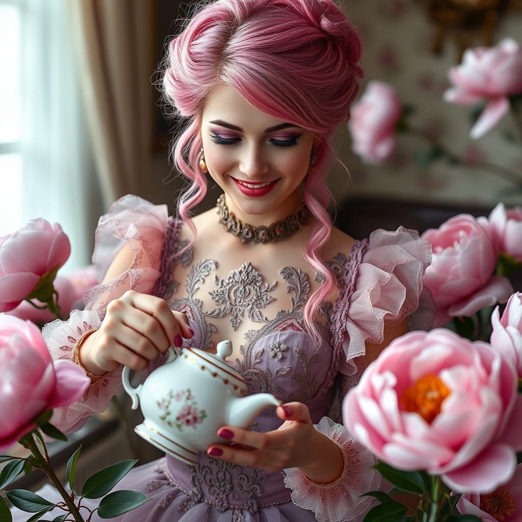 Gothic Goddess Surrounded by Blooming Peonies in Exquisite H...