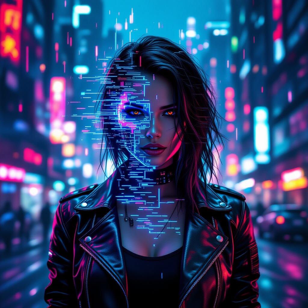 Cyberpunk Woman's Face Disintegrating into Digital Code