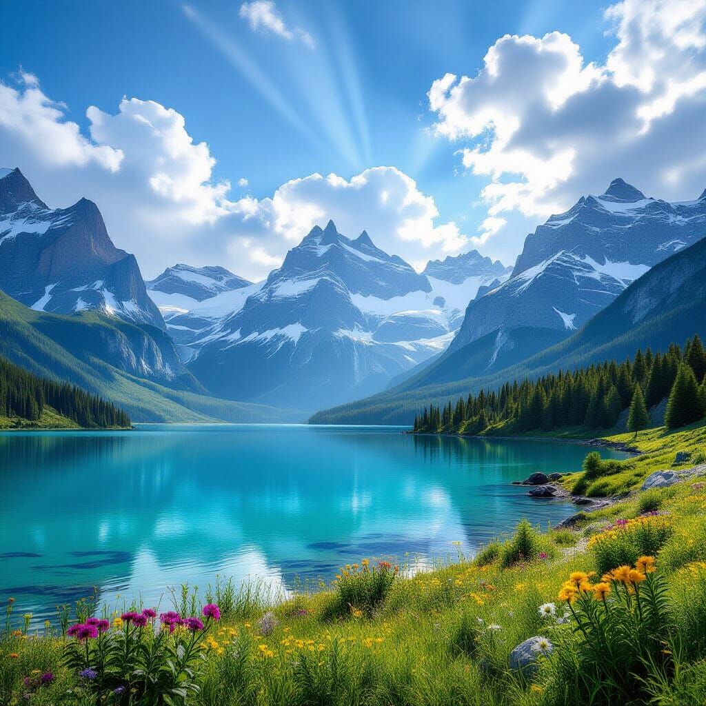 Majestic Snow-Capped Mountains Reflecting in Alpine Lake