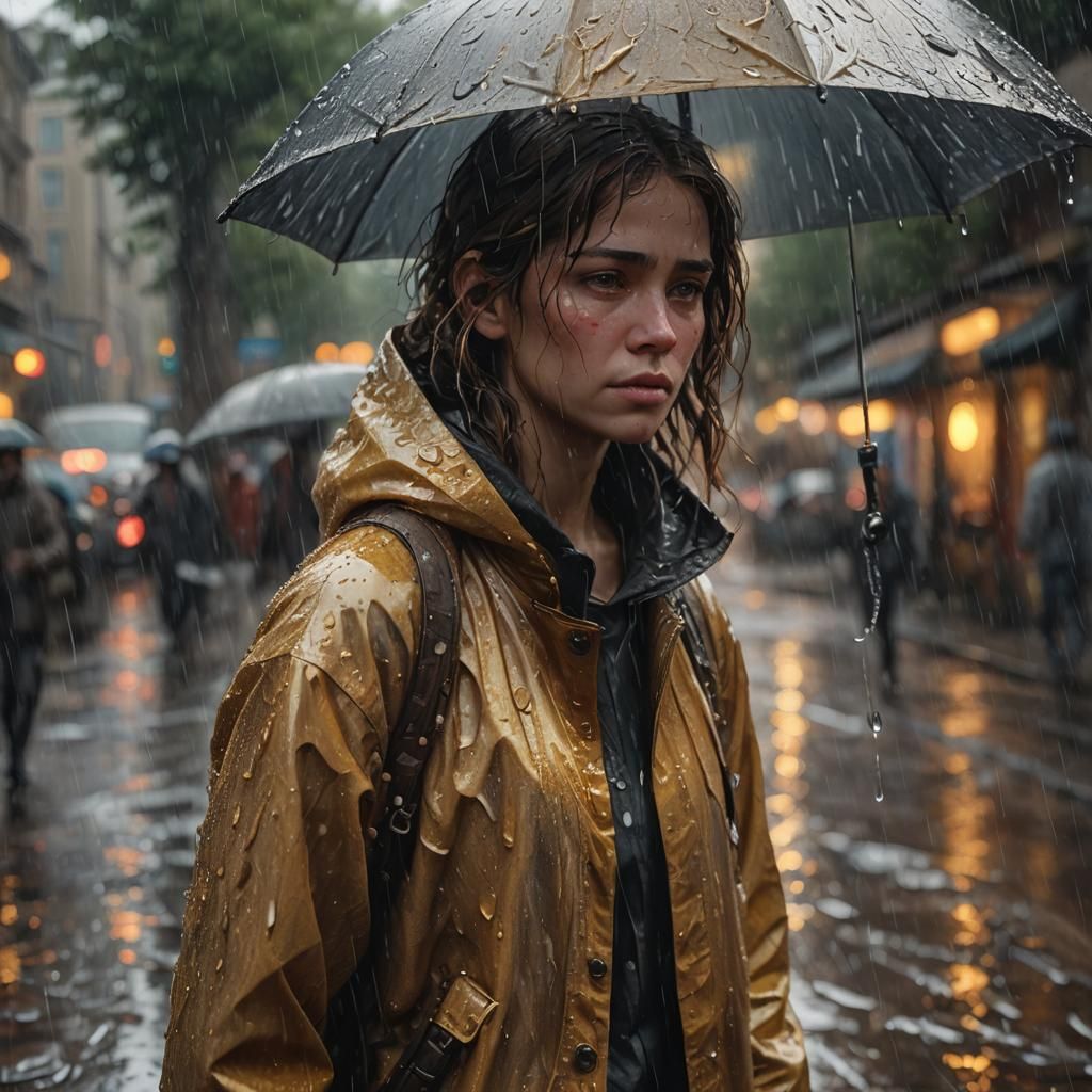 Emotive Oil Painting: Sad Figure in Rain