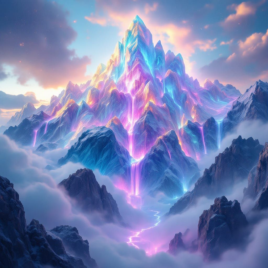 Bioluminescent Crystal Aurora Peaks in Hyperreal Fantasy