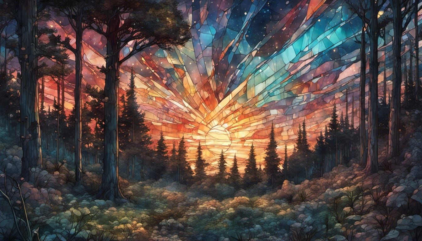 Fiery Stained Glass Night Sky Forestscape
