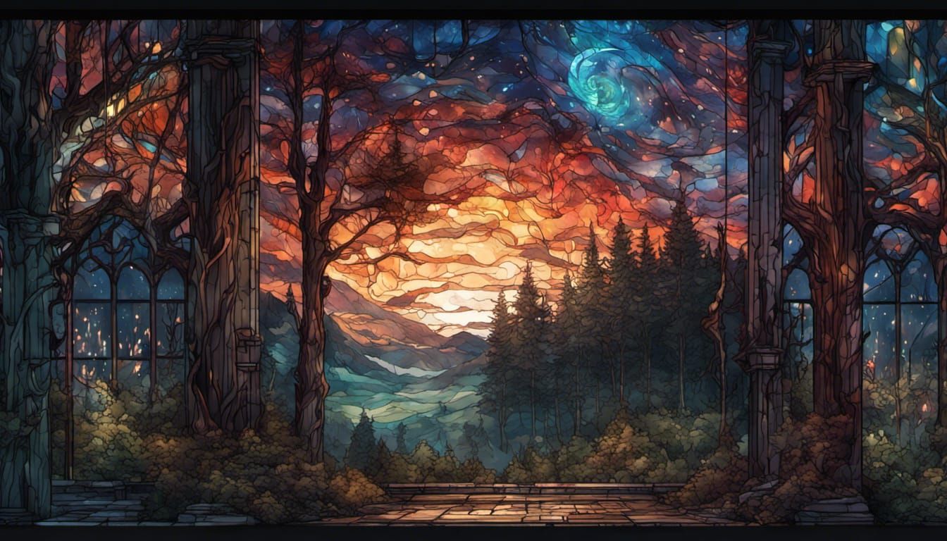 Stained Glass Night Sky Forestscape: Digital Illustration