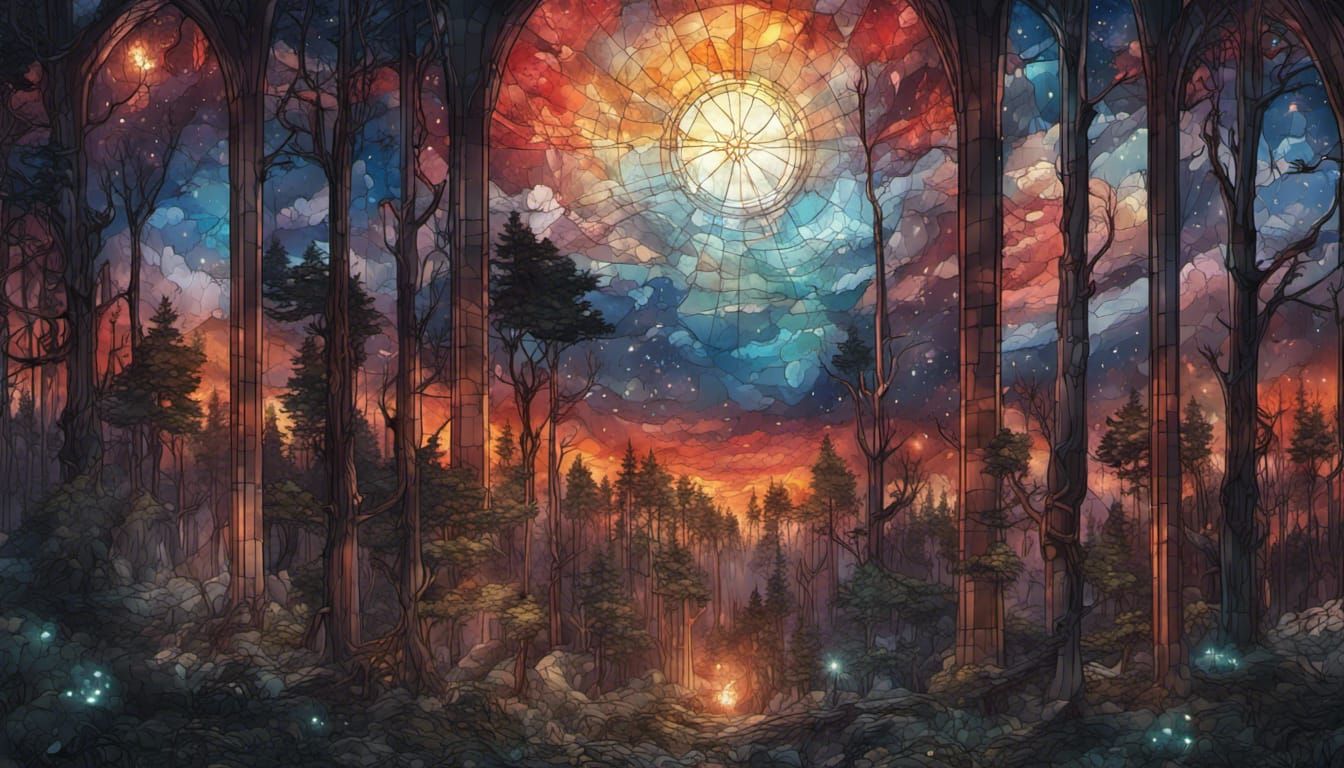 Stained Glass Night Sky over Summer Forest