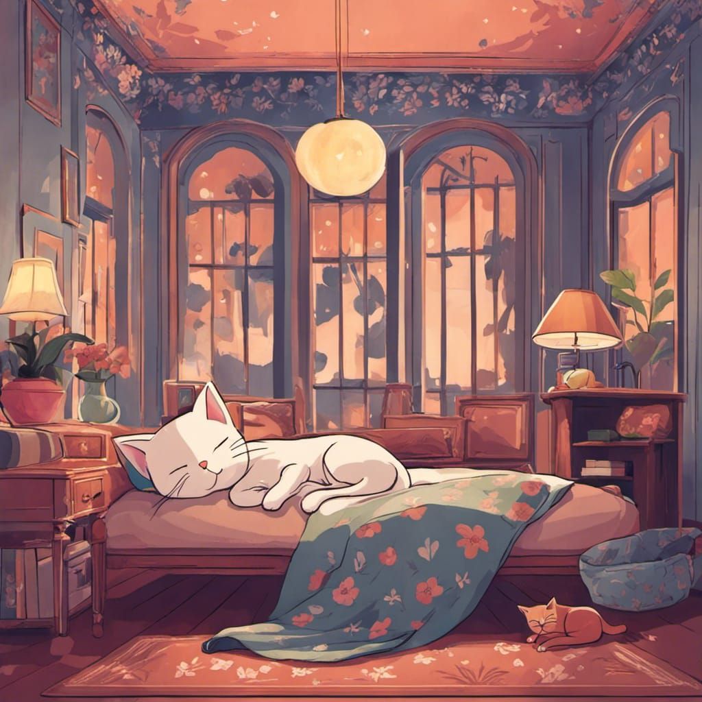 Cute Cat Asleep on a Plush Bed