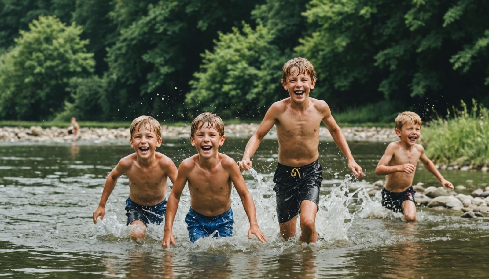 Boys Laughing and Swimming in Summer Stream