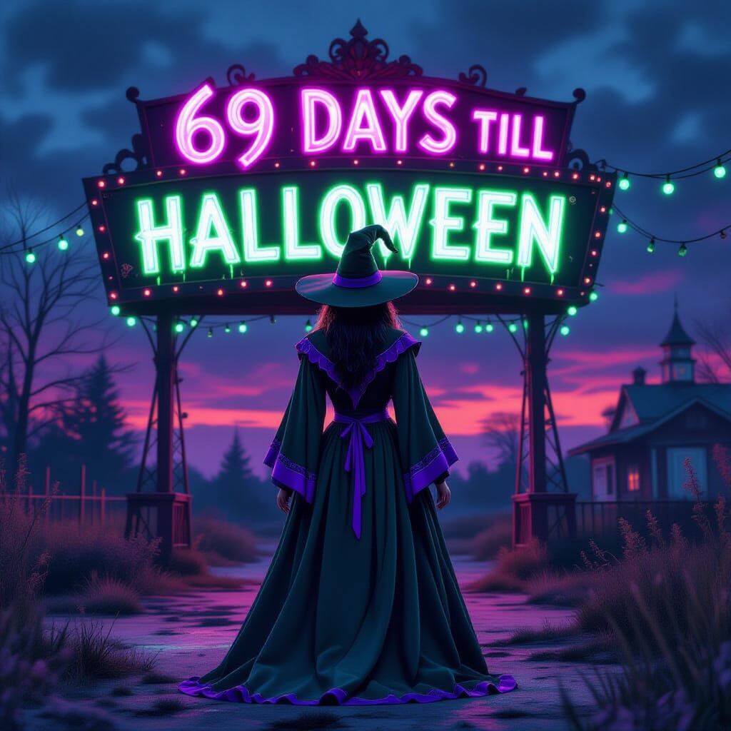 Mystical Witch at Abandoned Carnival in Digital Art Style