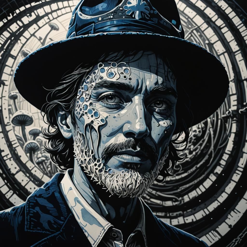 Activists Tending Glowing Mushrooms: Linocut Artwork