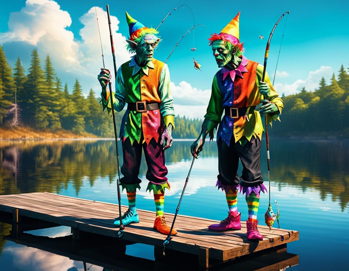 Zombies Cosplaying Elves Fish at Rainbow Lake