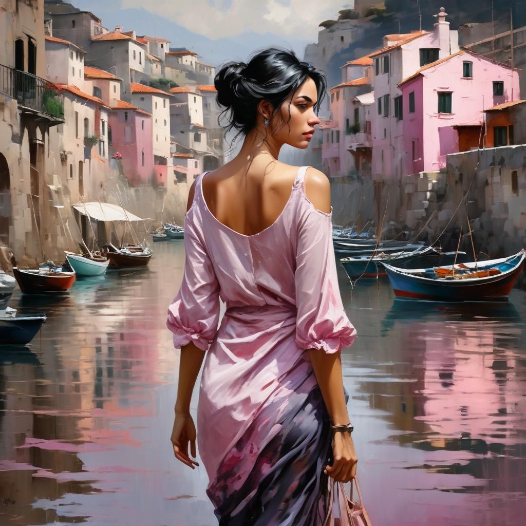 beautiful Italian thin woman walking down the fishing villag...