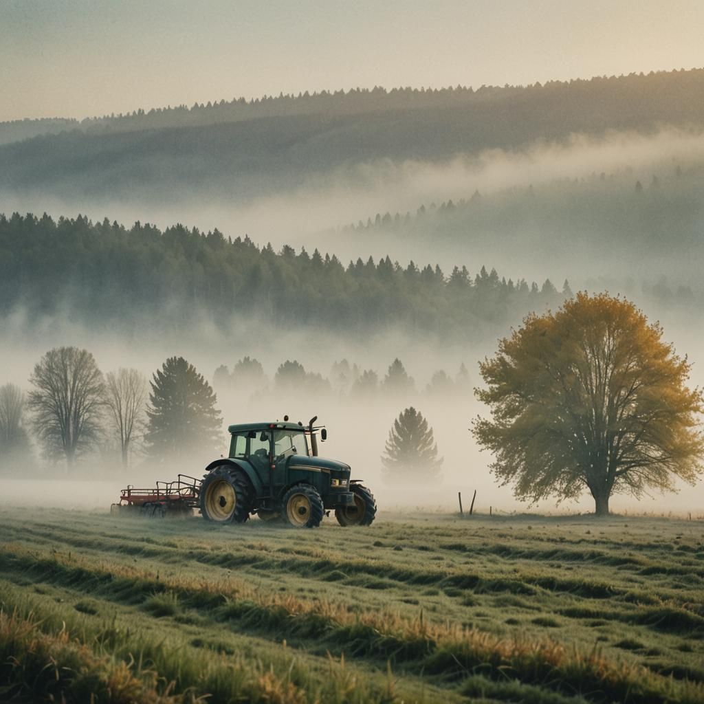 Foggy Morning Tractor in Watercolor Landscape