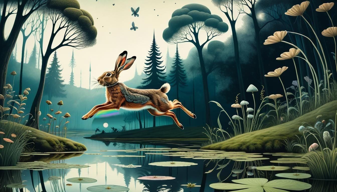 Hare's Dreamlike Leap Over Forest Pond