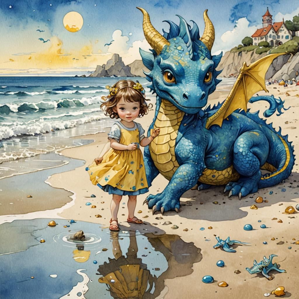 Toddler and Dragon on Beach in Watercolor Style