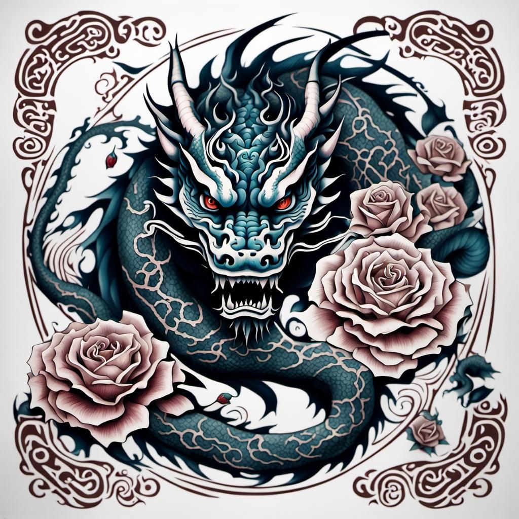 Dragon and Rose Tattoo Design in Curvilinear Style