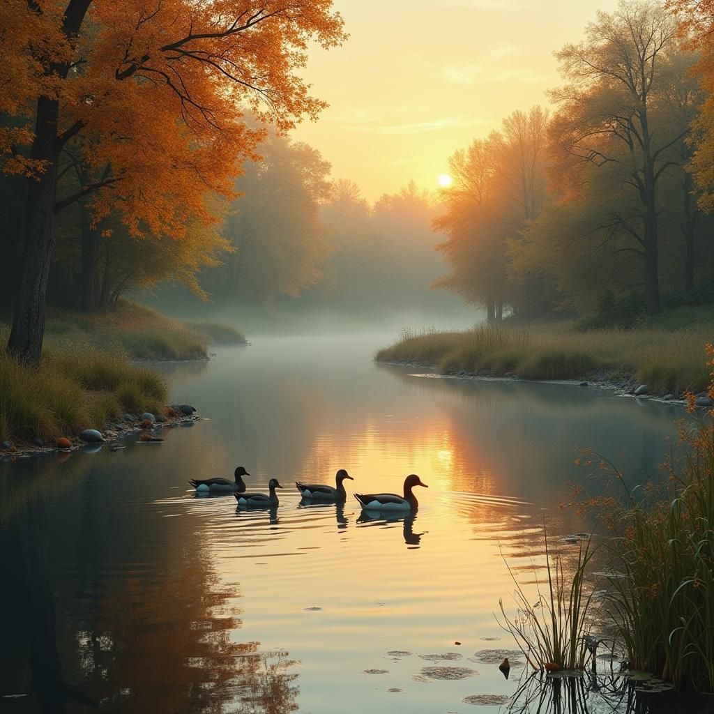 Ducks on Pond at Dusk in Impressionist Style