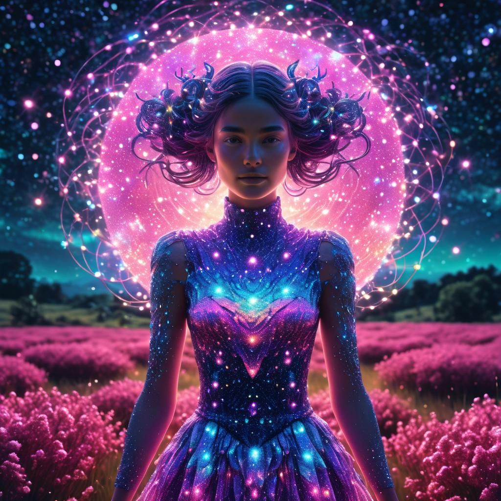 Woman with Fairy Lights in Cosmic Surrealism Style