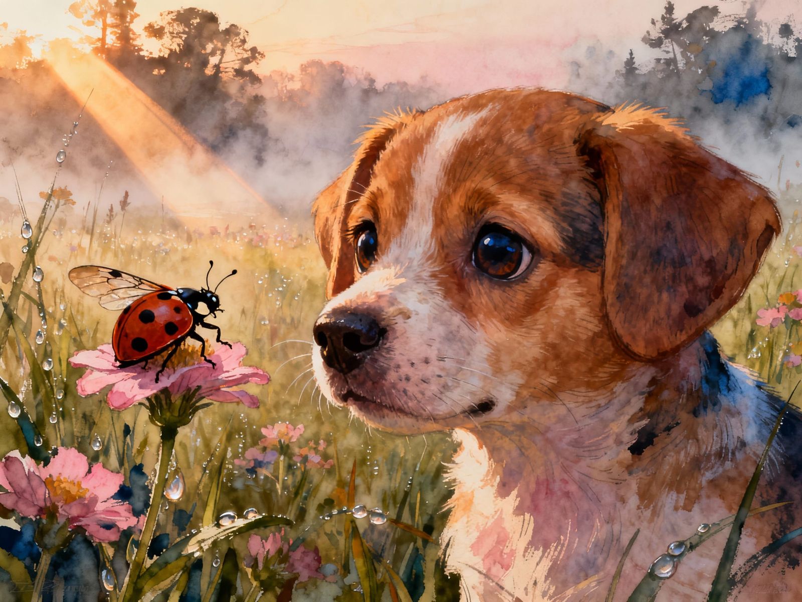 Cute Puppy Fascinated By Ladybug In Foggy Meadow