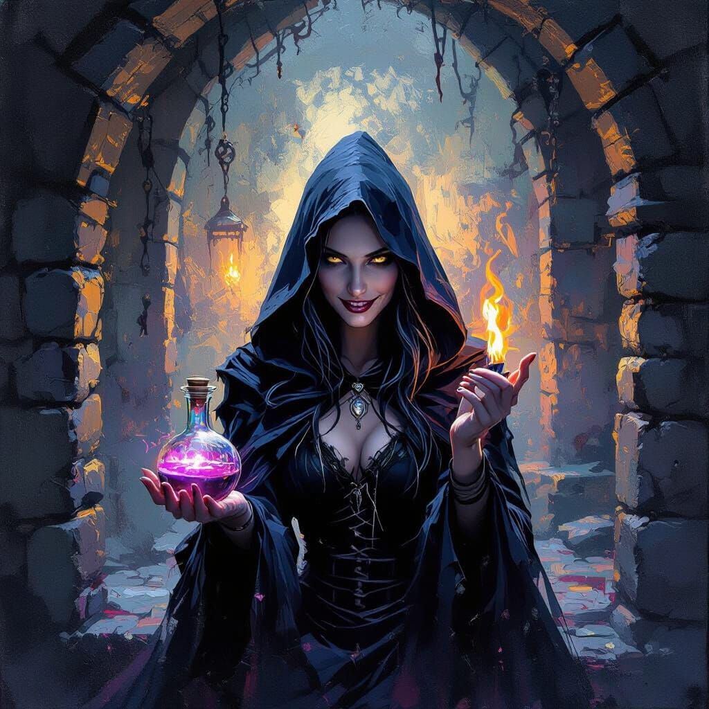Witch Brewing Dark Potion in Dramatic Light