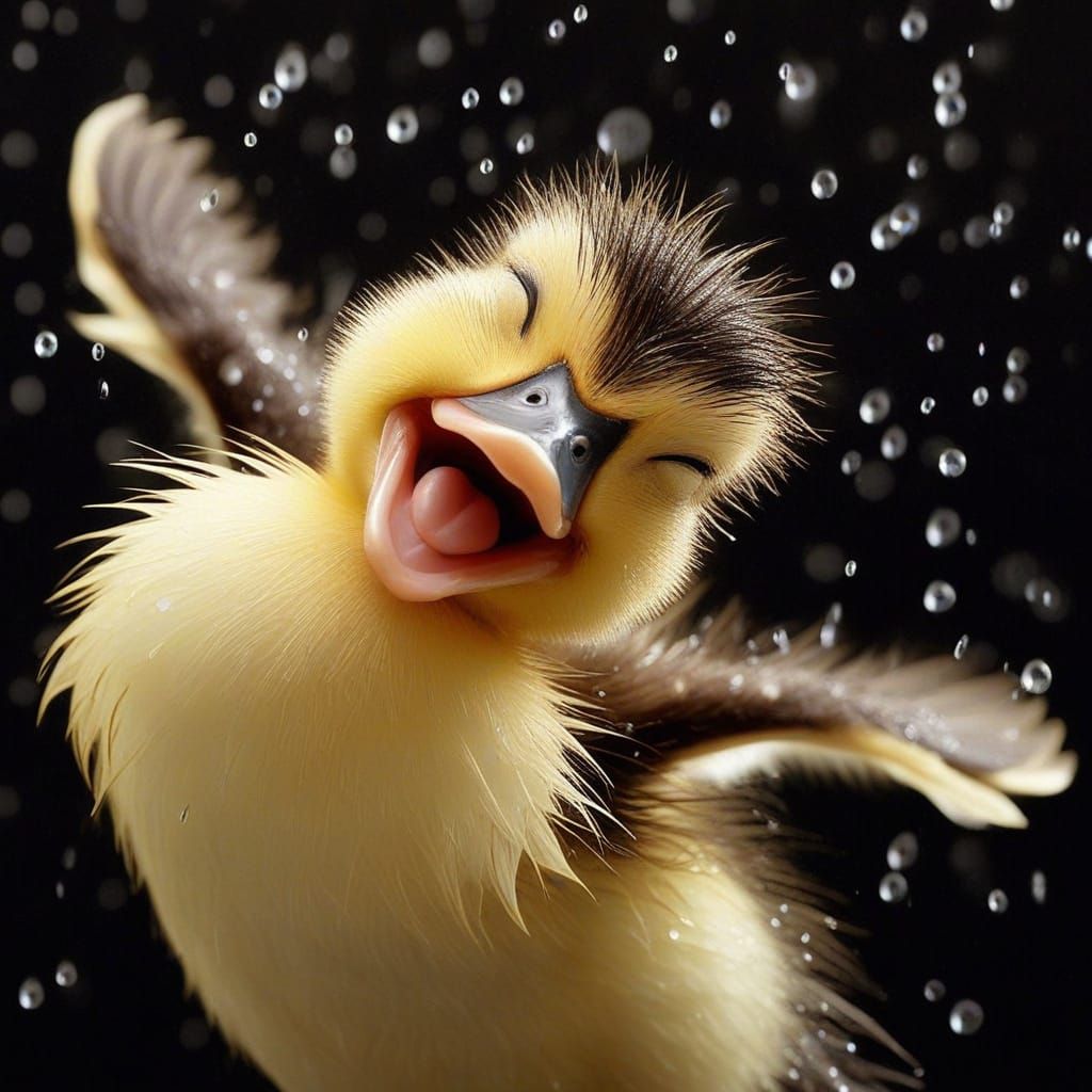 Dancing Duckling Catches Rain in Comical Realism