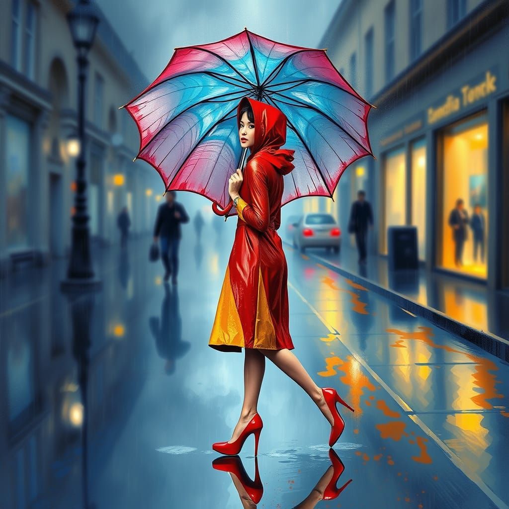 Elegant Woman Strolls Down Rainy Street in Vibrant Red and Y...