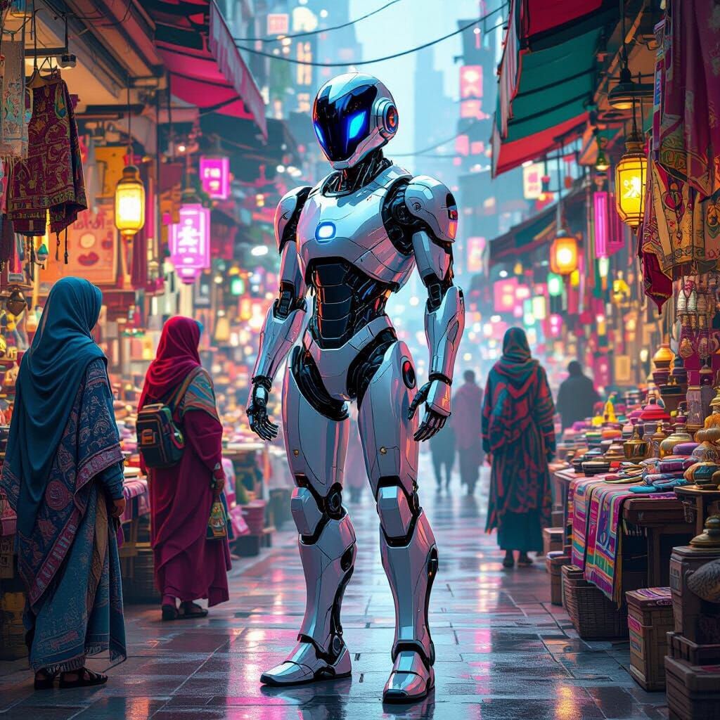 Robot Shopper in Cyberpunk Marketplace