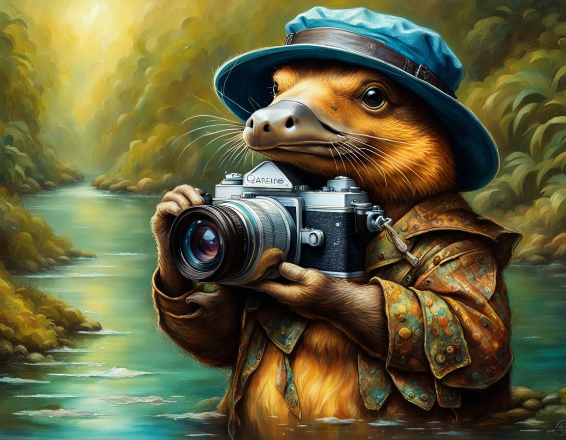 Cute Platypus with Camera in Art Brut Style