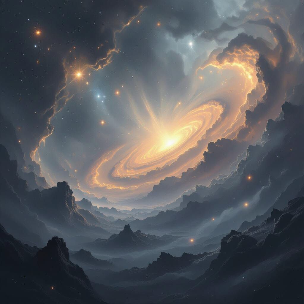 Alien Cosmic Landscape with Swirling Nebulas and Galactic Pr...