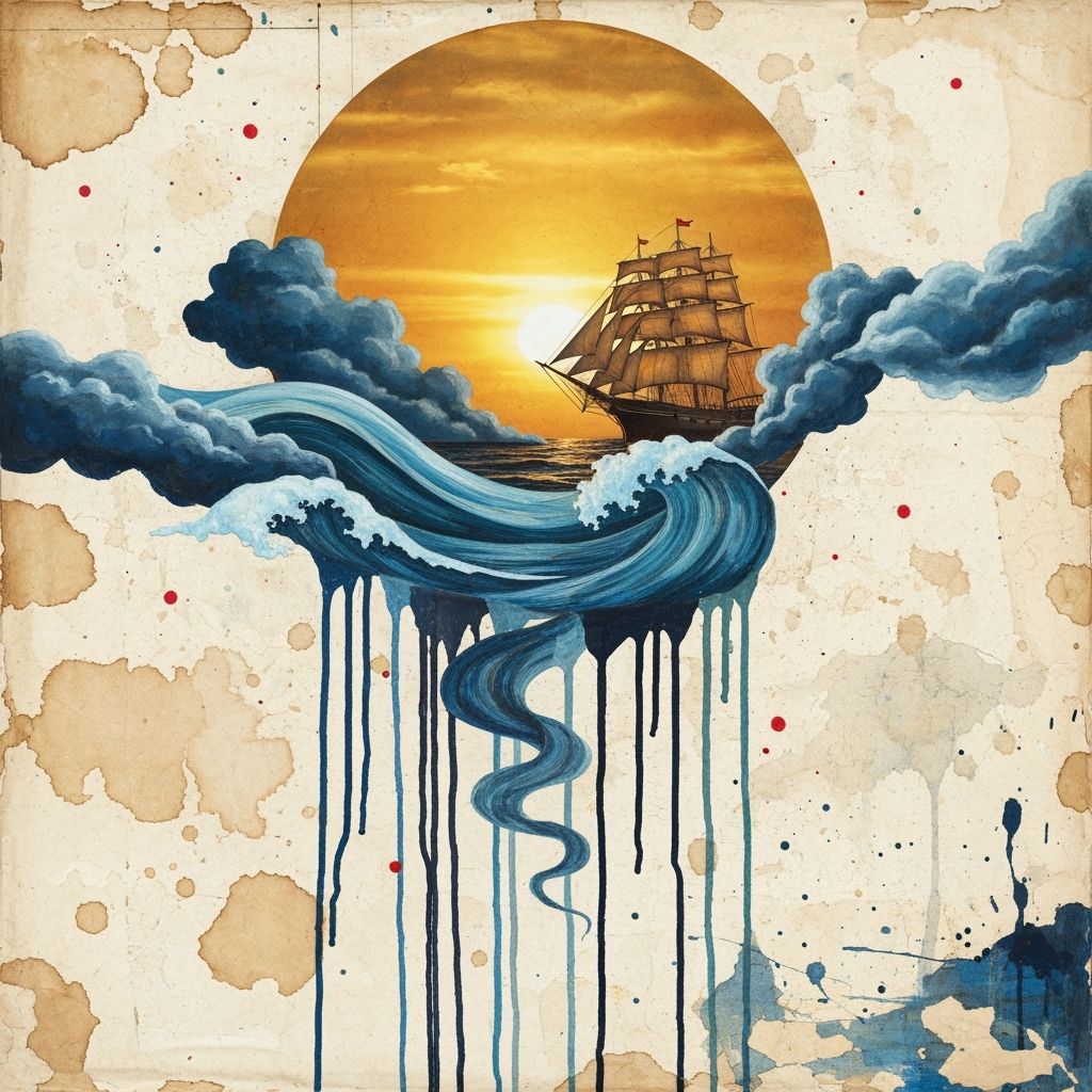 Sailing Ship Emerges from Sun: Mixed Media Art