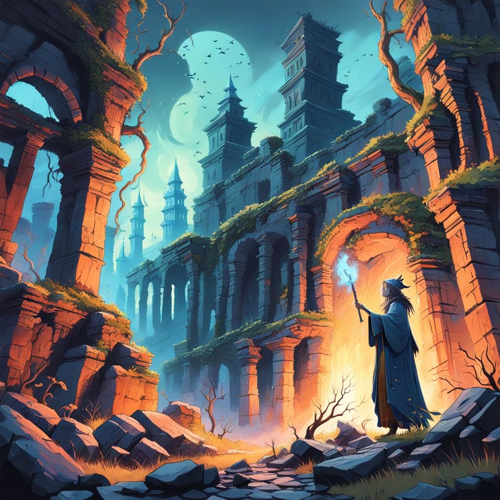 Mystical Sorceress Casting Spell in Ancient Ruins