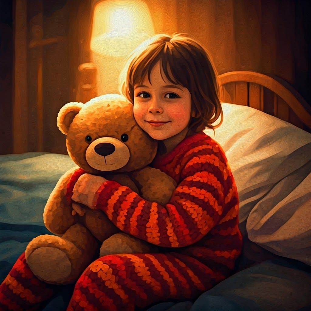Cozy Child with Teddy Bear: Gouache Painting