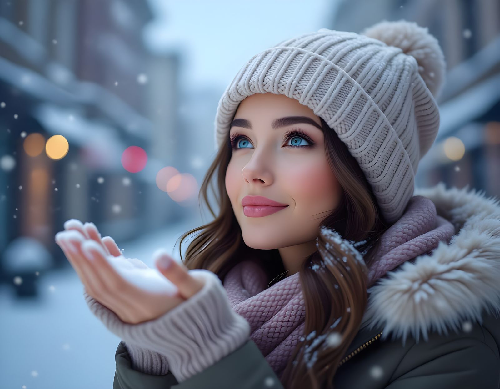 Woman Catching Snowflakes in Snowy Cityscape