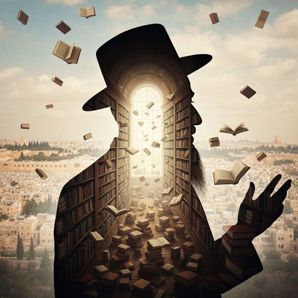 Orthodox Scholar Double Exposure with Bustling Library