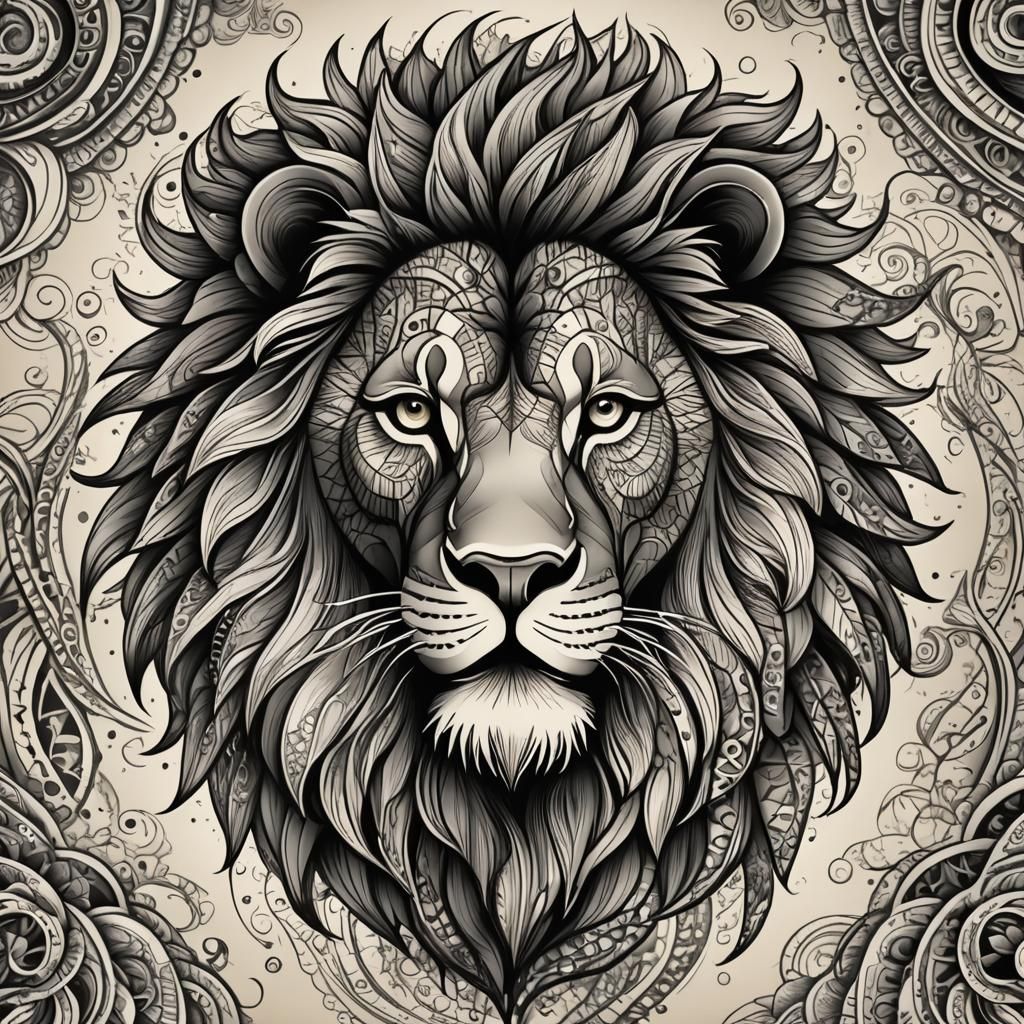 Abstract Fractal Lion Tattoo Design with 3D Shading