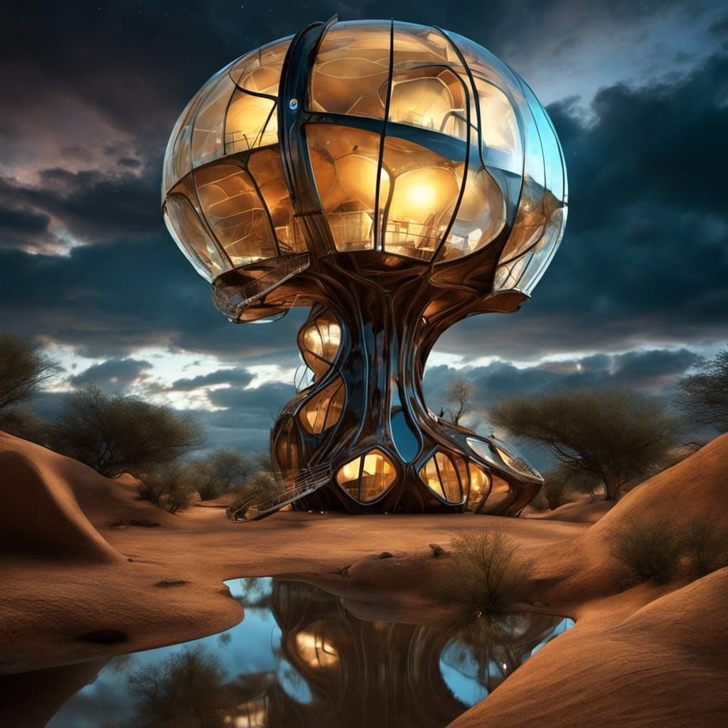Steampunk Biomorphic Desert Treehouse in Glass Crystal Style
