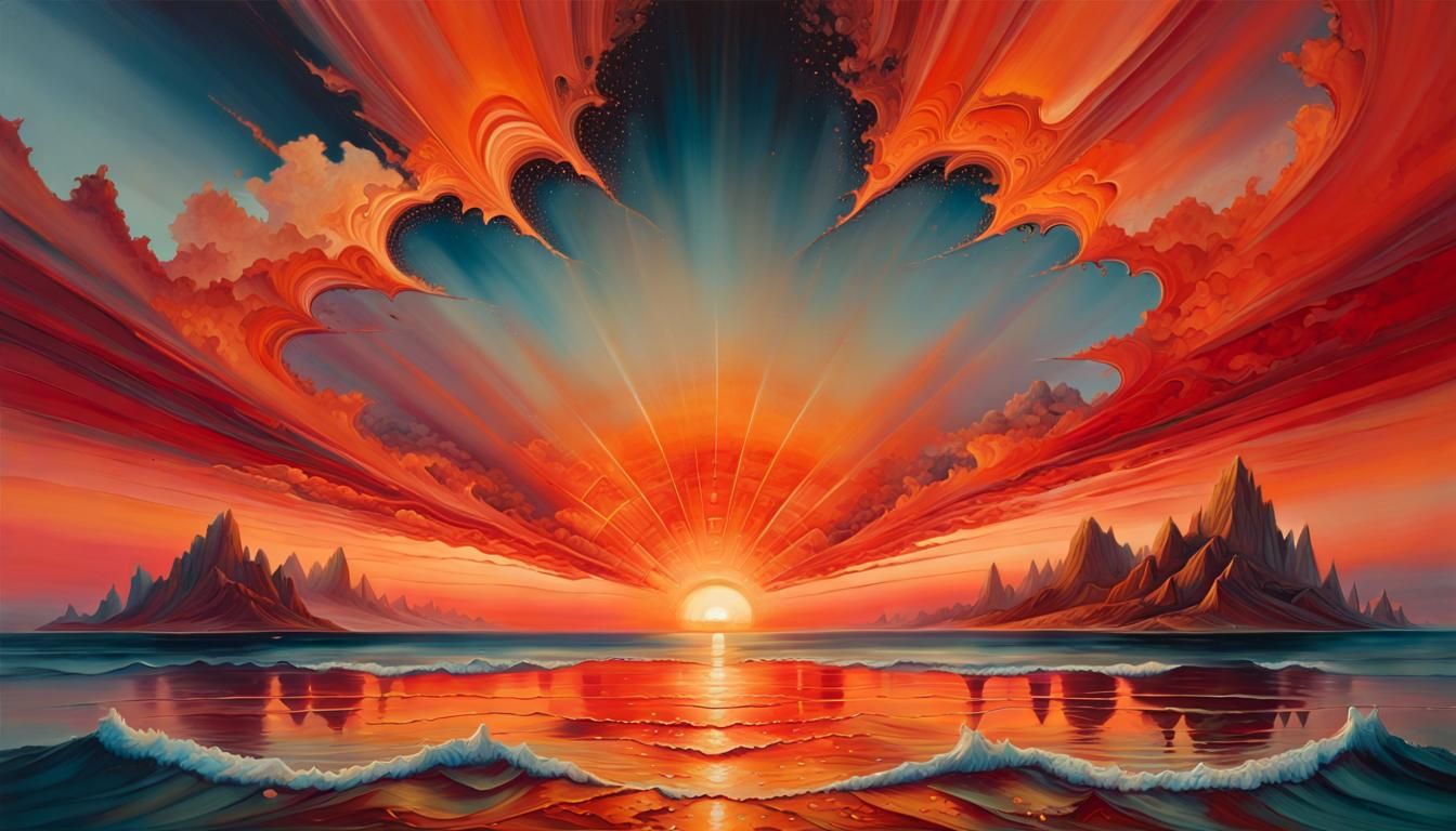 Abstract painting capturing the essence of a sunset sea landscape, symmetry centred, shades of orange/red colours, intri...