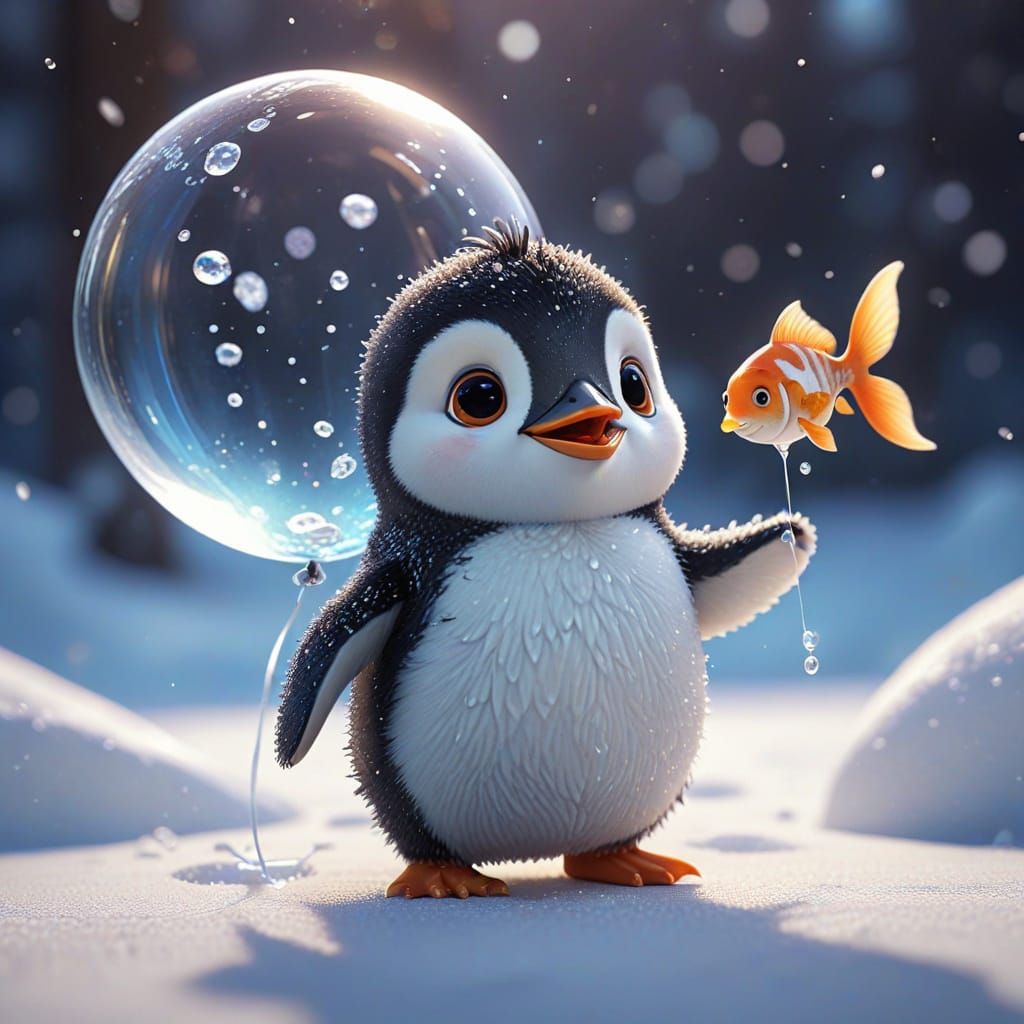 Cute Penguin Holds Water Balloon With Goldfish, Pixar Style