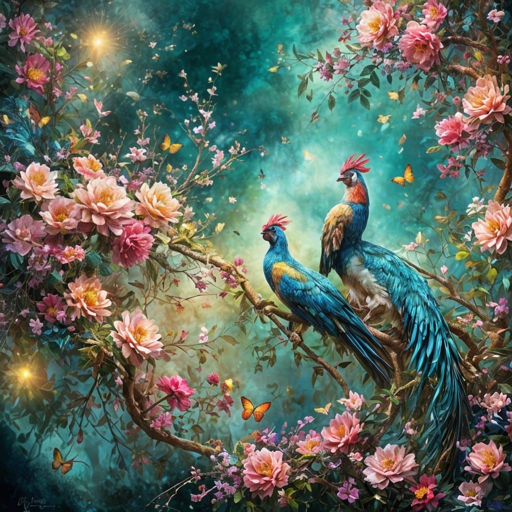Roosters in Bloom: A Dreamlike Garden Scene