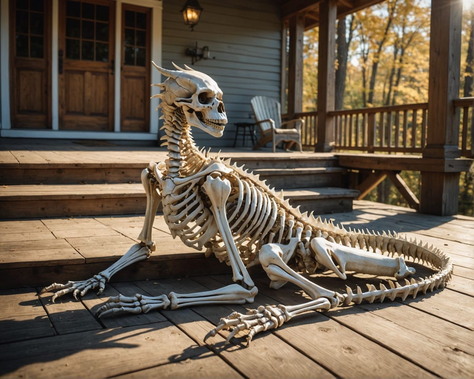 Skeleton Dragon Lounging on a Sunny Porch